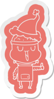 happy quirky cartoon  sticker of a robot wearing santa hat png