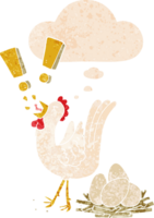 dibujos animados pollo tendido huevo con pensamiento burbuja en grunge afligido retro texturizado estilo png
