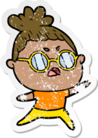 distressed sticker of a cartoon annoyed woman png