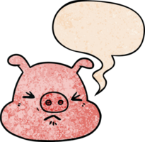 cartoon angry pig face with speech bubble in retro texture style png