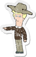 retro distressed sticker of a cartoon pointing man wearing hat png