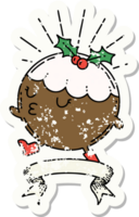 worn old sticker of a tattoo style christmas pudding character walking png