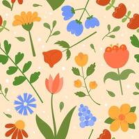 Floral pattern. Cute flowers seamless background. Repeating illustration of floral botanical elements and leaves. Hand drawn natural meadow objects pattern. vector