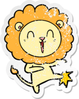 distressed sticker of a laughing lion cartoon png