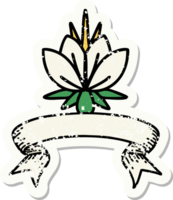 worn old sticker with banner of a water lily png