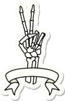 tattoo style sticker with banner of a skeleton giving a peace sign png