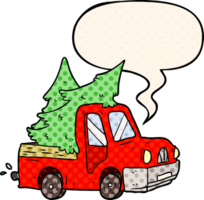 cartoon pickup truck carrying christmas trees with speech bubble in comic book style png