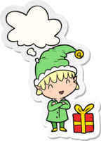 cartoon happy christmas elf with thought bubble as a printed sticker png