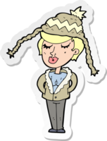 sticker of a cartoon woman wearing winter hat png