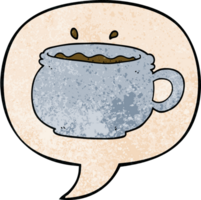 cartoon hot cup of coffee with speech bubble in retro texture style png