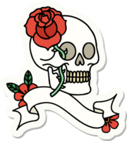 tattoo style sticker with banner of a skull and rose png