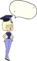 mano dibujado cómic libro habla burbuja dibujos animados mujer con graduación gorra png