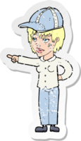 retro distressed sticker of a cartoon woman pointing png