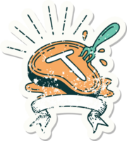 worn old sticker of a tattoo style steak and fork png