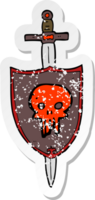 retro bedrövad klistermärke av en tecknad serie heraldisk skydda med skalle png
