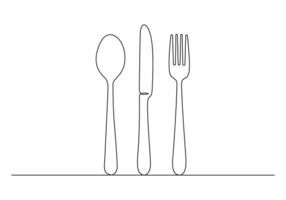 Continuous one line drawing of cutlery set spoon knife and fork pro illustration vector