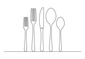 Continuous one line drawing of cutlery set spoon knife and fork pro illustration vector