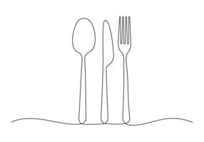 continuo uno línea dibujo de tenedor cuchillo y plato aislado en blanco antecedentes Pro ilustración vector