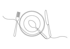 Continuous single line drawing cutlery, cooking utensils. Fork, Knife and plate white background pro illustration vector