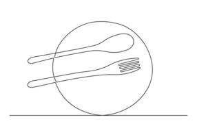 continuo soltero línea dibujo cuchillería, Cocinando utensilios tenedor, cuchillo y plato blanco antecedentes Pro ilustración vector