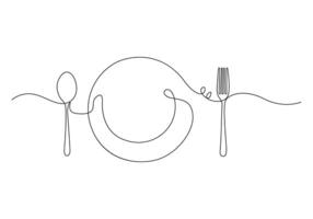 Continuous single line drawing cutlery, cooking utensils. Fork, Knife and plate white background pro illustration vector