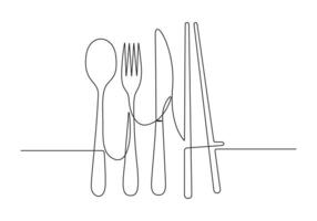 Continuous one line drawing of cutlery set spoon knife and fork pro illustration vector