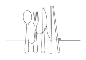 Continuous one line drawing of cutlery set spoon knife and fork pro illustration vector