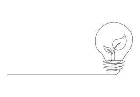 Continuous line drawing of green plant in light bulb green energy concept pro illustration vector