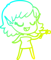 cold gradient line drawing of a happy cartoon space girl with ray gun png