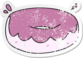 distressed sticker of a quirky hand drawn cartoon iced donut png