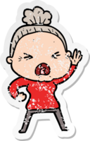 distressed sticker of a cartoon angry old woman png