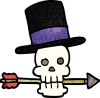 cartoon doodle skull with top hat and arrow png