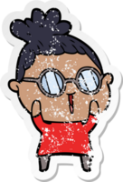 distressed sticker of a cartoon woman wearing spectacles png