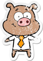 distressed sticker of a happy cartoon pig boss png