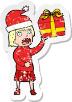 retro distressed sticker of a cartoon woman getting ready for christmas png