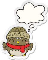 cute cartoon owl in hat with thought bubble as a printed sticker png