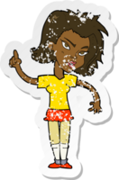 retro distressed sticker of a cartoon woman with idea png