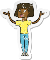 retro distressed sticker of a cartoon woman holding up hands png