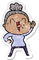 distressed sticker of a cartoon happy old woman png