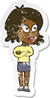 retro distressed sticker of a cartoon surprised woman png