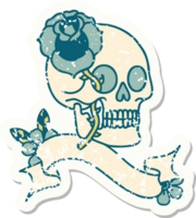 worn old sticker with banner of a skull and rose png