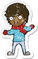 retro distressed sticker of a cartoon boy in winter clothes png