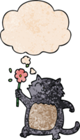 tecknad serie katt med blomma med trodde bubbla i grunge textur stil png