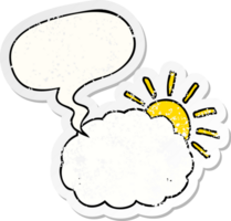 tecknad serie Sol och moln symbol med Tal bubbla bedrövad bedrövad gammal klistermärke png