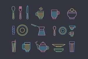 Food and dinnerware set of icons in line graphics. Spoon, fork, knife, cup, plate, glass, cezve, teapot hot beverage vector