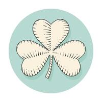 Icon clover for st. Patrick Day in engraving style. Symbol isolated on a turquoise circle background. Hand drawn design and element. Illustration. vector