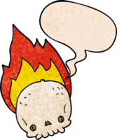 spooky cartoon flaming skull with speech bubble in retro texture style png