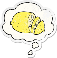 cartoon sliced lemon with thought bubble as a distressed worn sticker png