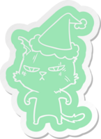 tough quirky cartoon  sticker of a cat wearing santa hat png