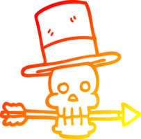 warm gradient line drawing of a cartoon skull with top hat and arrow png